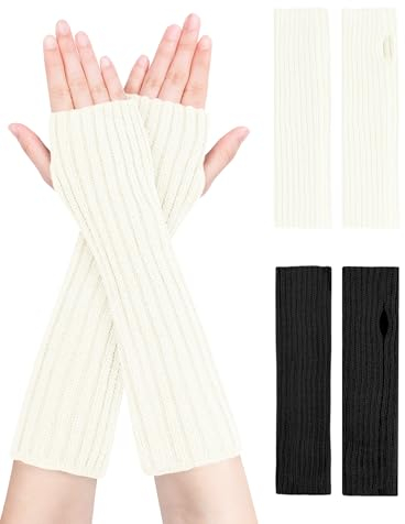 MELLIEX 2 Paar Lang Handschuhe Fingerlos, Winter Pulswärmer Handschuhe Unisex, Strick Handstulpen Damen