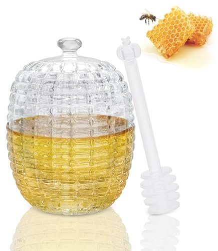 Iceten 240ml/8.5oz Honey Pot with Dippers - Transparent Glass Honey Jar with Spoon and Lid, Honey Bee Hive Shaped Storage Pot, Reusable Honey Dispenser for Storing Honey and Syrup
