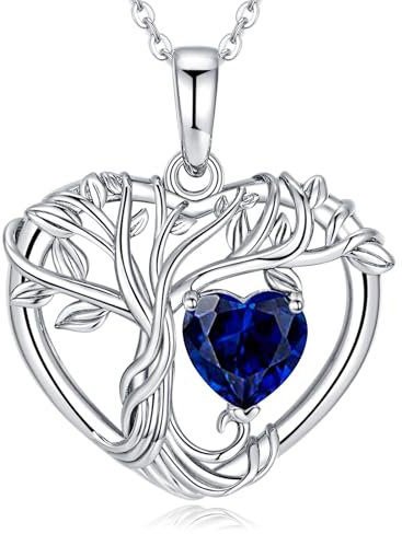 LOCIBLO Tree of Life Necklaces for Women 925 Sterling Silver Heart Pendant White Gold Blue Synthetic Sapphire Necklace September Birthstone Jewellery for Her, 18+2