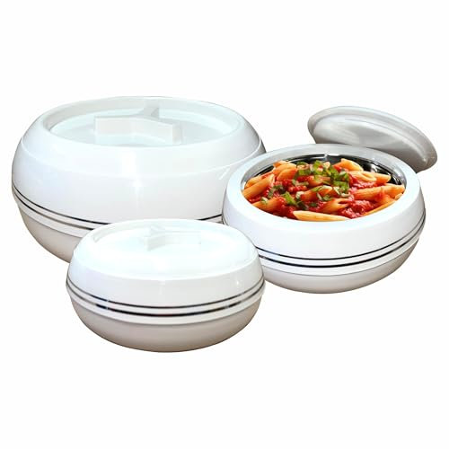 JMS we create smile - (Set of 3 Insulated Casserole Hot Pot Set Thermoware with Serving Dish | Food Warmer/Cooler | Soup/Salad Serving Bowl BPA-Free Leak-Proof. (White, 1500,2500, 3200ML)
