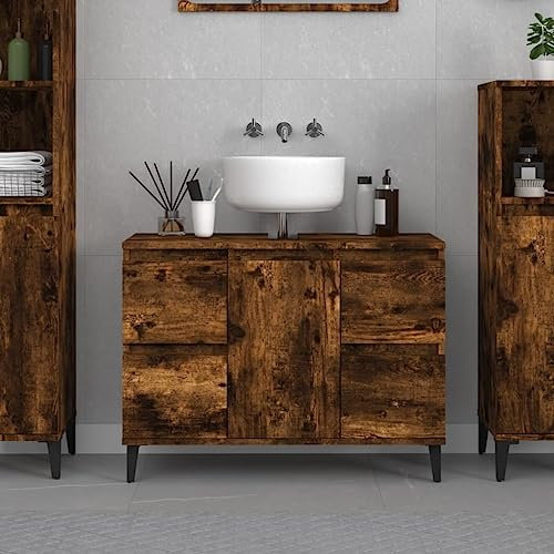 Homvdxl Waschbeckenunterschrank, für Waschbecken ohne Podest, Waschbeckenunterschrank mit 4 Schubladen & 1 Tür, Eiche+Rustikal