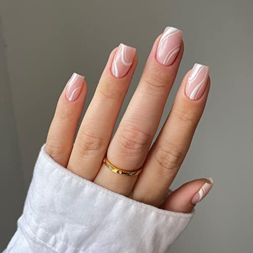 White French False Nails With Design, SXVME French Press on Nails Short Square Swirls Full Cover Nude Pink Fake Nails Press on, Natural Glue on Nails for Women in 24 Pcs