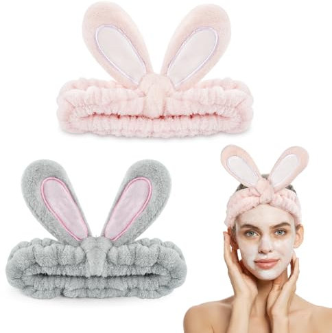 2 Stück Haarband Kosmetik, Hasen Ohren Stirnband für Damen Mädchen, Weiches Korallenvlies Haarbänder für Make Up, Spa,Beauty, Waschen Gesicht,Yoga, Sport (Grau+Rosa)