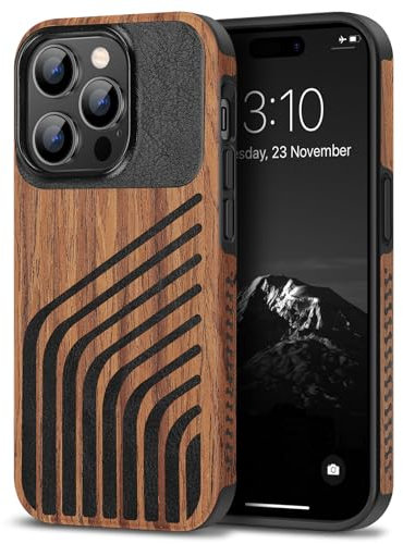 TENDLIN Kompatibel mit iPhone 14 Pro Hülle Holz und Carbon Textur Design Leder Hybrid Handyhülle (Haaransatz)