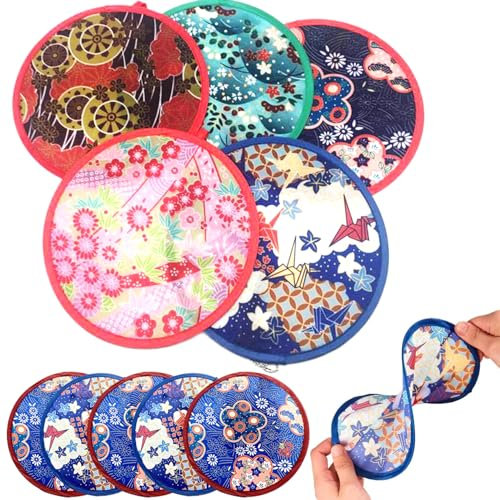 Foldable Fan 10Pcs Round Handheld Japanese Fan Compact Gentle Elasticity Portable Folding Hand for Women Girls Daily Use Festival Wedding Party Favors Decorations, Mixed PackageHand