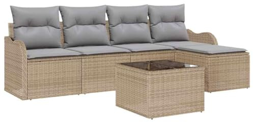 vidaXL 6-teilige modulare Garten-Sofagarnitur mit Kissen in Beige – Poly Rattan Outdoor-Sitzmöbel für Balkon und Terrasse. Wetterfest und modern, perfekt für Deine Lounge im Freien.