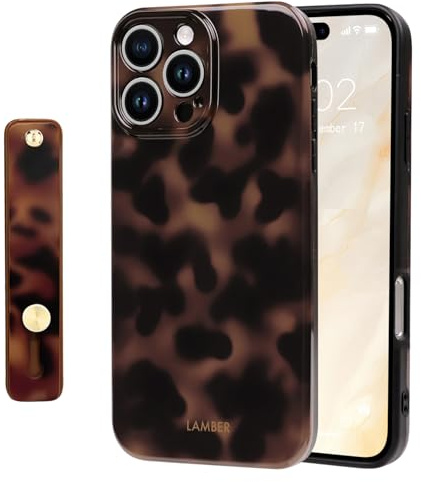 NITITOP for iPhone 16 Pro Max Case Leopard Kickstand, Dark Brown | for Women Girls Men, Cute Amber Tortoise Design, with Wrist Adjustable Hand Strap, Soft TPU Cover, Full Camera Protection