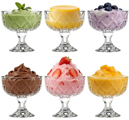 KIXINY Set of 6 Glass Dessert Bowls 290ml Clear Ice Cream Bowls Durable Elegant Sundae Glasses for Ice Cream Desserts