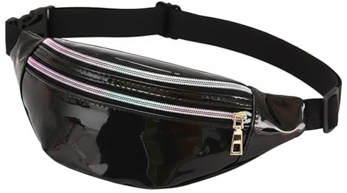 Bauchtasche Damen Silber Wasserabweisend Hüfttasche Verstellbarem Gurt mit Reißverschluss Fächer 90er Jahre Accessoires 80er Jahre Damen für Bauchtasche Festival Party Alltag Outdoor Travel (Schwarz)