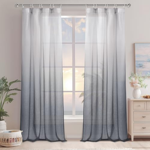 DWCN Lang Farbverlauf Voile Gardinen mit Kräuselband, Grau Ombre, 2er Set | H260 x B140 cm, Luftig Dekoschal Vorhänge für Schienensystem, Bodenlange Voile Vorhang für Große Fenster Schlafzimmer