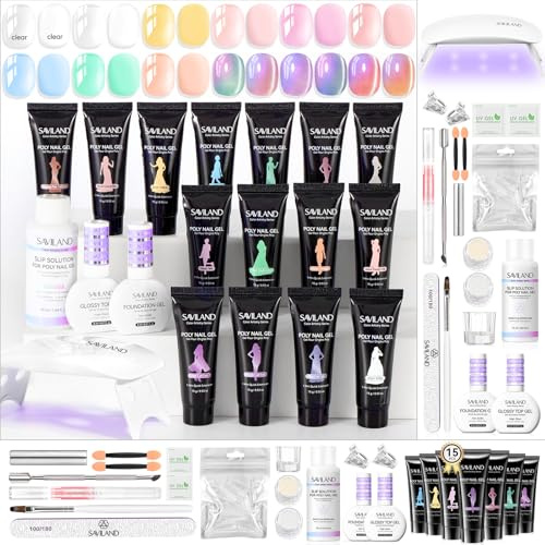 SAVILAND Poly Nail Gel Kit: 15 Pastel Colors Extend Gel Natural Sheer Cat Eye Effect with Mini Nail Lamp Slip Solution for 4 Weeks Lasting Nourish Nails Starter Home Use Nail Art Salon DIY For Women