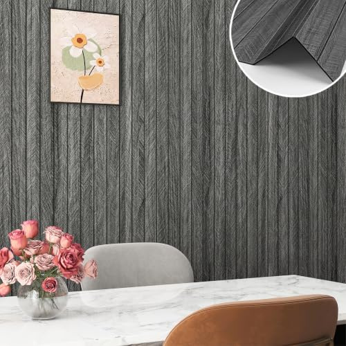Yenhome Panneau Bois Mural Autocollant Gris Foncé 30x300cm Epais Revetement Mural Adhesif Bois Noir Panneaux Muraux Décoratif 3D PVC pour Salon Entrée Bureau Entrée Epaisseur Papier Peint Adhesif