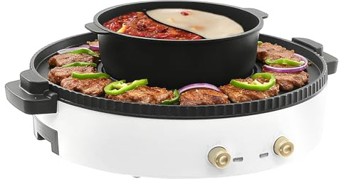 2-In-1 Elektrischer Grill Kochtopf für Zuhause,2000W Hot Pot mit Grill,Hotpot mit Grill,für Familienessen und Geselligkeit,Antihaftbeschichtet für Haushalte und Kleine Gruppen (Weiß)
