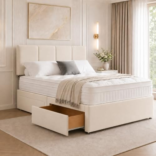 Sleep Tailors Double Bed With Storage 2 Drawers, Plush Velvet 4FT6 Divan Bed Frame 54cm Headboard Double Bed Frame With Drawers (Cream)