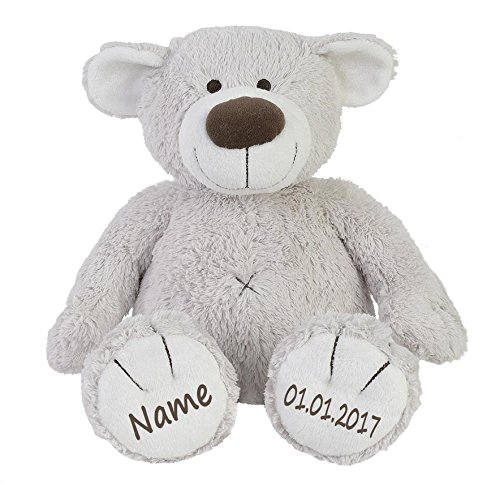 Elefantasie Stofftier Teddy Bär zartgrau Geschenk mit Namen und Geburtsdatum personalisiert 40cm