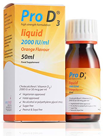 Pro D3 Liquid 50ml (Vitamin D3-2000 IU / 50mcg) [Alcohol Free] Vegetarian Society Approved - Gluten Free - Salt Free - Gelatin Free - SOYA Free - Peanut Free - Sugar Free - Halal - Kosher