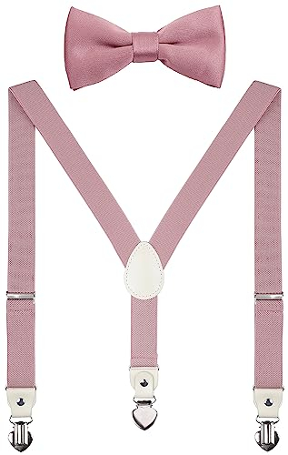 PZLE Herren Jungen Hosenträger und Fliege Set für Hochzeit verstellbar - Pink - 119 cm (Erwachsene)