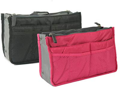 NOVAGO Lot de 2 Organiseurs Pochette Sac de Rangement intérieur pour Sac à Main ou Sac de Voyage (Divers Coloris Disponibles) (Noir+Fuschia, 2 Sacs)