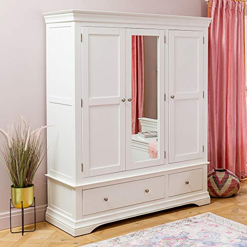Wilmslow White Painted 3 Door Triple Wardrobe with Mirror - Elegant French Inspired Design, Spacious Bedroom Storage, White Satin Finish - H 1865mm x W 1510mm x D 580mm