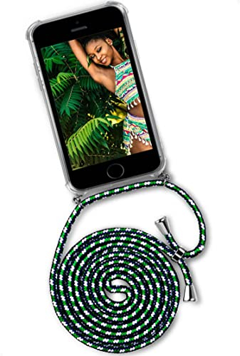 ONEFLOW Handykette für iPhone 5s / 5 / SE (2016) Hülle mit Band, Handyhülle mit Kette abnehmbar, Handyband zum Umhängen, Handy Umhängeband Lange Handykordel, Twist Case – Grün Weiß