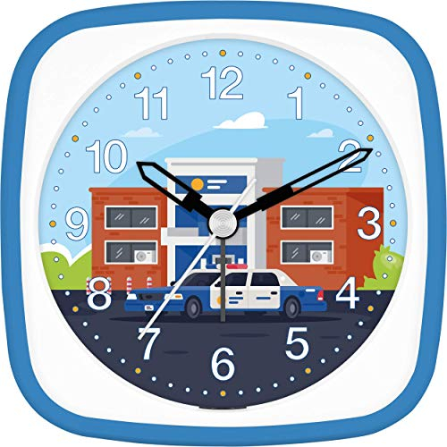 Eurotime Wecker Jungen Polizei Polizeiauto Notruf, Kinderwecker, Hellblau Blau, Kunststoffgehäuse und Kunststoffglas, geräuscharmer Wecker, ohne Ticken, mit Licht und Weckwiederholung, 27127-08