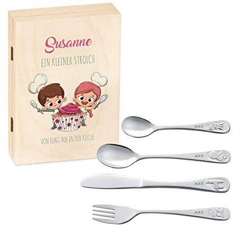 Maverton Kinderbesteck Set mit Gravur + Holzbox mit Aufdruck - mit Tieren - aus Edelstahl - Braun - Weihnachtsgeschenke - Geschenk für Mädchen zum Geburtstag zur Taufe Geburt - ein kleiner Strolch