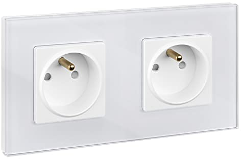 Navaris Enchufe doble con marco de cristal - Enchufe francés tipo E para empotrar - Placa de vidrio empotrable en pared para Francia - Blanco