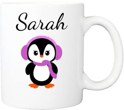 Pickhut Personalised Christmas Name Mug with Girl Penguin Family Coffee Hot Chocolate Mug for Xmas Eve Box