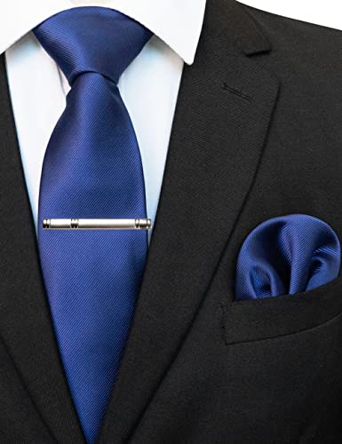 JEMYGINS Seide Krawatte Krawatten und Einstecktuch mit krawattenklammer Set für Herren Seidenkrawatten Hochzeit Schlips,Dunkelblau