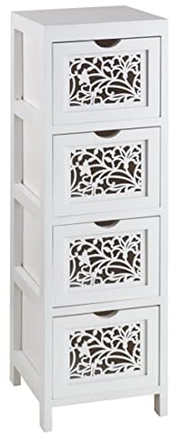 Baroni Home Nachttisch aus Holz, Wohn- und Badezimmer Möbel, Mehrzweckschrank mit 4 Geschnitzte Schubladen, weiß, 23x23x77 cm