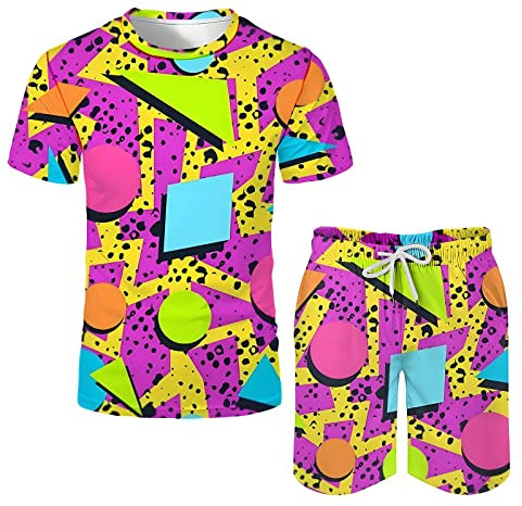 Arssm Herren 2 Stück 80er 90er Outfit Vintage Hemden und Shorts Set Strandanzug Schnell Trocknend Trainingsanzüge für Retro Sommer Party, Purple, X-Large