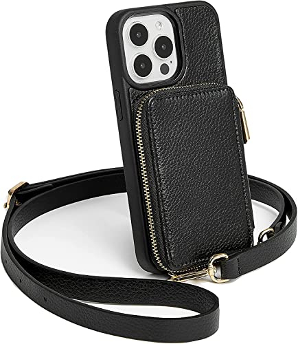 CUSTYPE Für iPhone 13 Pro Max Hülle Leder Handykette Hülle mit Band und Kartenfach, Ständer Schwarz 6,7”