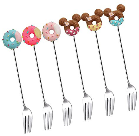 CHAMEEN Edelstahl Obstgabeln Donuts und Mickey Mouse Form Gabeln für Kinder Besteckgabeln Obstgabeln Kleine Kuchengabeln für Geburtstagsfeier, Restaurant, Zuhause,Desserts Obstpartyzubehör 6 Artikel