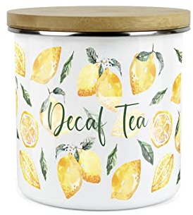 Purely Home Painted Lemons Decaf Tea Canister - White Metal Enamel Kitchen Food Storage Container