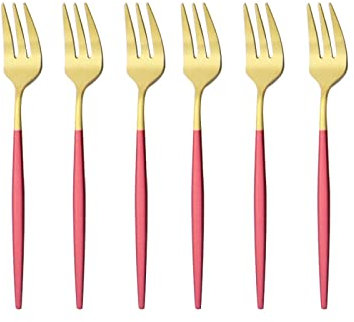 Lot de 6 fourchettes à thé en acier inoxydable pour fruits, salade, dessert, gâteau, rouge et doré