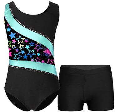Freebily Kinder Mädchen Turnanzug Mit Kurzer Hose Ärmellos Bedruckte Turntrikot Ballett Gymnastik Body Shorts Set Wettkampf Tanzkleidung Blaugrün 134-140