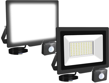 RIGIDON 2 Pcs PIR Motion Sensor Outdoor Floodlight, 50W 5000 Lumens Outside Led Work Light, Daylight Cold White Wall Light for Garden Garage Backyard Patio Lawn House Doorway, IP66 Waterproof 6000K