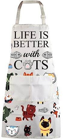 MBMSO Katzenschürze mit Taschen - Katze Kochschürze 'Life is Better With Cats' - Einheitsgröße, Wasserdicht, Cartoon-Muster, Damen (Katzenliebhaberinnen)