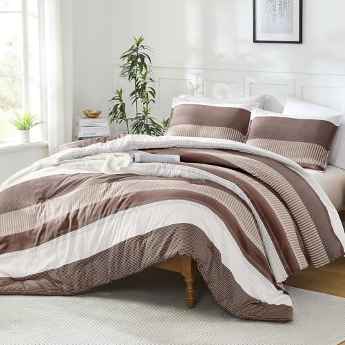 Litanika Braunes Bettwäsche-Set – 3-teiliges gestreiftes Bettwäsche-Set | Flauschiges, leichtes, weiches Colorblock-Daunen-Alternativ-Bettwäsche-Set für Jungen und Herren