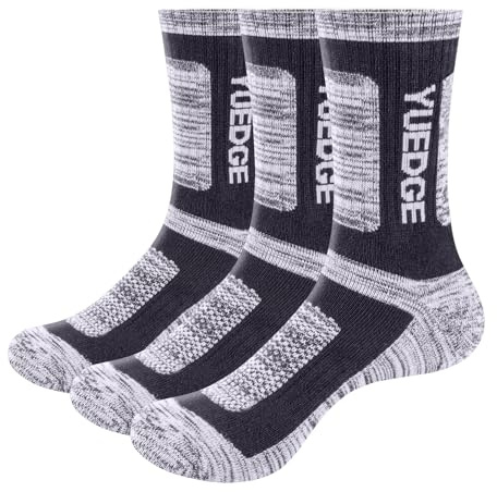YUEDGE Mens Outdoor Hiking Walking Socks Cushioned Sports Socks For Men 9-12, Breathable Wicking Anti-Odor Work Sock Pdded Mid Calf Safety Welly Boot Sock, 3 Pairs