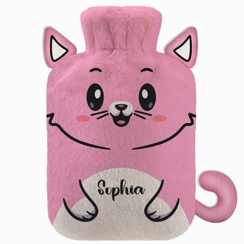 Customisable Hot Cold Water-Bottle with Soft Fleece Cover Personalised Water-Bag 2 Litre Pink Cat with Ears [092]