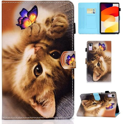 Auslbin Funda de Cuero PU para Xiaomi Redmi Pad SE 11 2023 - Slim, Lightweight Stand with Auto Sleep/Wake Function, Featuring Feline Designs, Mariposa y Gato