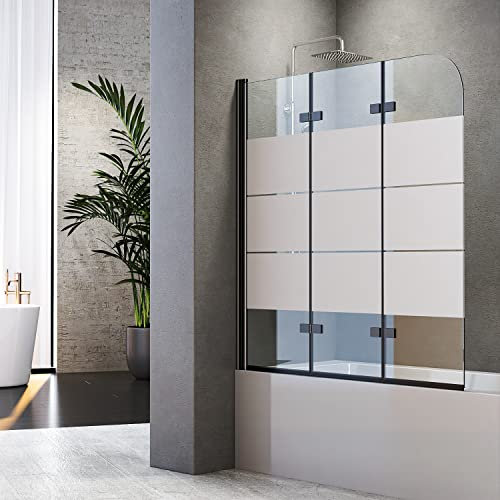 Badewanne Duschwand 120 x 140 cm Duschwand für Badewanne 3-teilig Badewannenfaltwand Schwarz mit Gestreift 3 teilig Hergestellt aus 6 mm starkem Sicherheitsglas,Sicher und Zuverlässig
