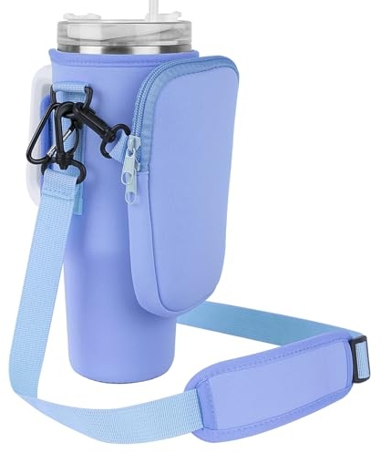 Linkidea Tumbler Carrier with Strap Compatible with Stanley Quencher H2.0 40oz, Neoprene Waterbottle Sling Bag Holder, Shoulder Strap with Detachable Pouch, Light Blue