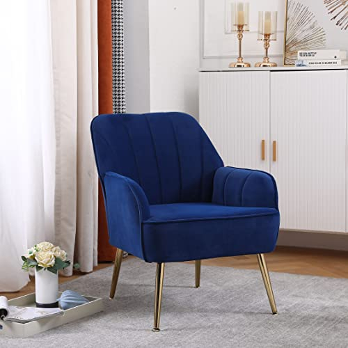 HAINEW 1 St Moderner Samt Sessel mit Armlehnen, Wohnzimmer Loungesessel, Einzelsofa Relaxsessel Geplosterter Ohrensessel mit Goldenen Metallbeine für Wohnzimmer Schlafzimmer (Blau)