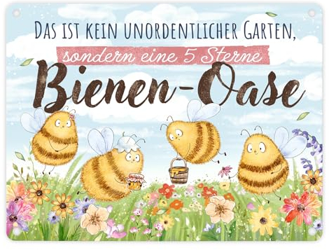 speecheese Pummel Biene Metallschild in 15x20 cm mit Spruch Bienen-Oase statt unordentlicher Garten Bienen-Oase im Garten Hummel Blumenwiese für Ihr Zuhause Naturfreundliche Party