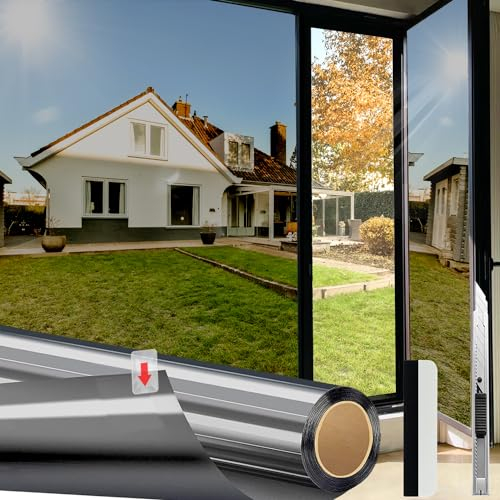HOMTOL Fensterfolie Sonnenschutz, 118x400cm Folie Fenster Sichtschutz Schwarzes Silber, UV Folie Fenster Htzeschutz Keine Klebstoffe, Fenster Folie Blickschutz für Büro, Thermofolie Fenster