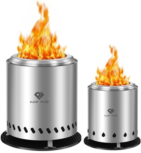 PY SUPER MODE Tisch-Feuerstelle mit 21,6 cm Feuerstelle und Reisetasche, Outdoor-Feuerstelle mit Ständer, tragbarer Camping-Feuerstelle, beheizt mit Pellets oder Holz, silberfarbener Edelstahl