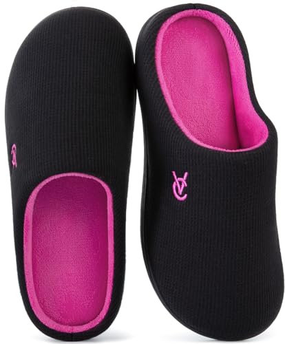 VeraCosy Women's Two-Tone Slippers Soft Comfy Knit Memory Foam Non-slip Indoor House Shoes Fuchsia Black, 3-4 UK