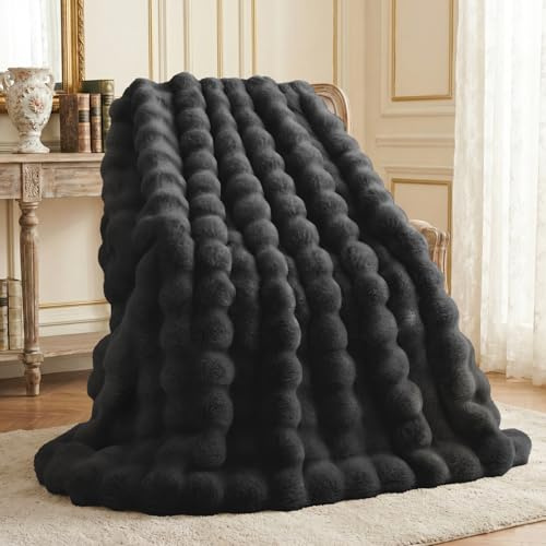 L'AGRATY Decke aus Kaninchen-Kunstfell: 152,4 x 203,2 cm, luxuriös, weich, flauschig, dick, für Couch, Bett, Sofa, gemütliche Plüsch-Decken für den Winter: Flanell-Fleece, dekorative Decke (schwarz)